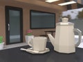 Focus coffee cup and coffee pot blur background of cafe scene 3d low poly cartoon style 3d render