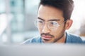 Focus, computer and business man in office for idea research, contemplating and planning. Website, technology and Royalty Free Stock Photo