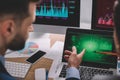 Focus of data analysts identifying problems while working with charts on computer monitors