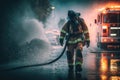 Focus of firefighter with water hose extinguishing fire on street. AI Generation