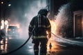 Focus of firefighter with water hose extinguishing fire on street. AI Generation