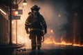 Focus of firefighter with water hose extinguishing fire on street. AI Generation