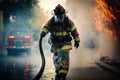 Focus of firefighter with water hose extinguishing fire on street. AI Generation