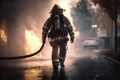 Focus of firefighter with water hose extinguishing fire on street. AI Generation