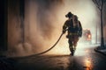 Focus of firefighter with water hose extinguishing fire on street. AI Generation