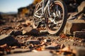 Focus on flat tire Mountain bike sidelined on trail, awaiting tire repair Royalty Free Stock Photo