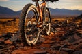 Focus on flat tire Mountain bike sidelined on trail, awaiting tire repair Royalty Free Stock Photo