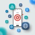 Focus, goal reach, achieve target, make money solution concept. Trade strategy, fund success. Smartphone, 3d icon, arrow