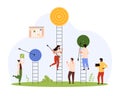 Focus on goals, long term and short term, tiny people climb ladders with targets Royalty Free Stock Photo