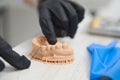 Focus on hands of dentist in black sterile gloves using dental floss showing how to brush teeth on plaster cast of teeth