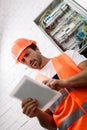 Focus of handsome workman in safety Royalty Free Stock Photo