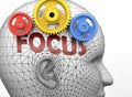 Focus and human mind - pictured as word Focus inside a head to symbolize relation between Focus and the human psyche, 3d