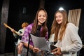 focus on joyful teenage girls singing Royalty Free Stock Photo