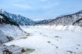 Focus in Kurobe Dam on the Kurobe river in winter and snow, Kurobe Alpine route the snow mountain,white snow dam , pine tree fall Royalty Free Stock Photo