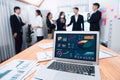 Focus laptop display BI with blurred background of office worker in harmony.