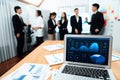 Focus laptop display BI with blurred background of office worker in harmony. Royalty Free Stock Photo