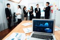 Focus laptop display BI with blurred background of office worker in harmony.