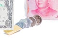 Focus on one US dollar bill with blurred Chinese yuan banknote a Royalty Free Stock Photo