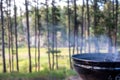 Focus on a portable charcoal grill at a campsite overlooking a green forest