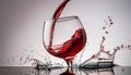 Focus on realistic glass with falling red wine on white background , generated by AI Royalty Free Stock Photo