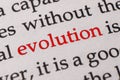 Focus on the red word evolution. Macro shot printed red colour word Evolution on a piece of paper or book Royalty Free Stock Photo
