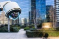 security CCTV camera or surveillance system with buildings on blurry background