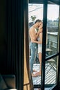 Selective focus of shirtless man kissing