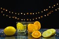 focus at slice fresh orange and lemon in juice glass Royalty Free Stock Photo