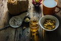 Focus Spot Chrysanthemum Tea and dried chrysanthemum on an old wooden table.