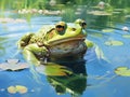 A focus stack closeup of a green frog sitting in the water of a pond Royalty Free Stock Photo