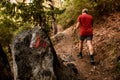 Focus on stone with red and white symbol marking Lycian hiking trail in Turkey. Royalty Free Stock Photo