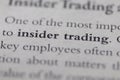 Focus on term insider trading printed in business law textbook on white page