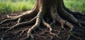 Focus on tree roots, underground system. Brown roots protrude from ground, intertwine, drawing pattern. Symbol of strength, Royalty Free Stock Photo