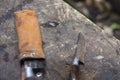 Focus view of butcher knife on the table.