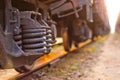 Focus on the wheels freight train Royalty Free Stock Photo