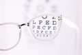 Focus through white frame glasses on Snellen chart close up Royalty Free Stock Photo