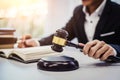 Focus of wooden gavel on table with male lawyer on background. justice and law ,attorney, court judge, concept