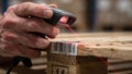Focus On Worker Scanning Barcode On Pallet, Warehouse Staff Resolving Inventory With Handheld Barcode Scanner Equipment Royalty Free Stock Photo