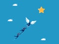 Focus on your dreams and success. Businesswoman team leader with angel wings flying to the star