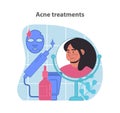 Focused acne treatment process. Woman reviewing her facial skin condition.