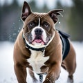 A Cool American Bully with a determined expression participating a dog sledding event across snow-blanketed landscapes Royalty Free Stock Photo