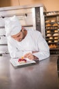 Focused baker putting flower on the pastry with fruit