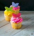 Bright color spring cupcakes with butterflies Royalty Free Stock Photo