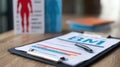 Focused BMI chart on a clipboard with a gently blurred bodyfat scanner form in the background exploring reliability Royalty Free Stock Photo