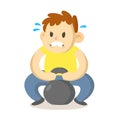 Focused boy trying to lift up a heavy sports weight, cartoon character design. Flat vector illustration, isolated on