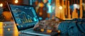 Focused business analyst analyzing real-time blockchain data on laptop in softly lit office setting, surrounded by global