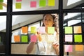 Focused businesswoman writing tasks on stickers on glass board