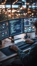 Focused on coding at night in a tech-filled workspace with bright city lights in the background. Generative AI Royalty Free Stock Photo