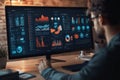 Data analyst working on visualizations in a modern office setting with a dark theme interface Royalty Free Stock Photo