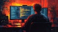 Focused developer working on a computer in a dynamic and vibrant workspace